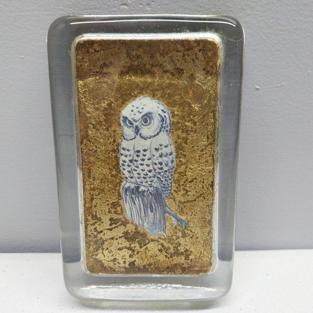 Vintage Owl Glass Paperweight Gold Foil Rectangle Felt Bottom MCM Desk Decor